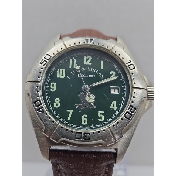 Field And Stream Mens Quartz Green Dial Date 50M Watch New Battery Leather Strap - Picture 4 of 12
